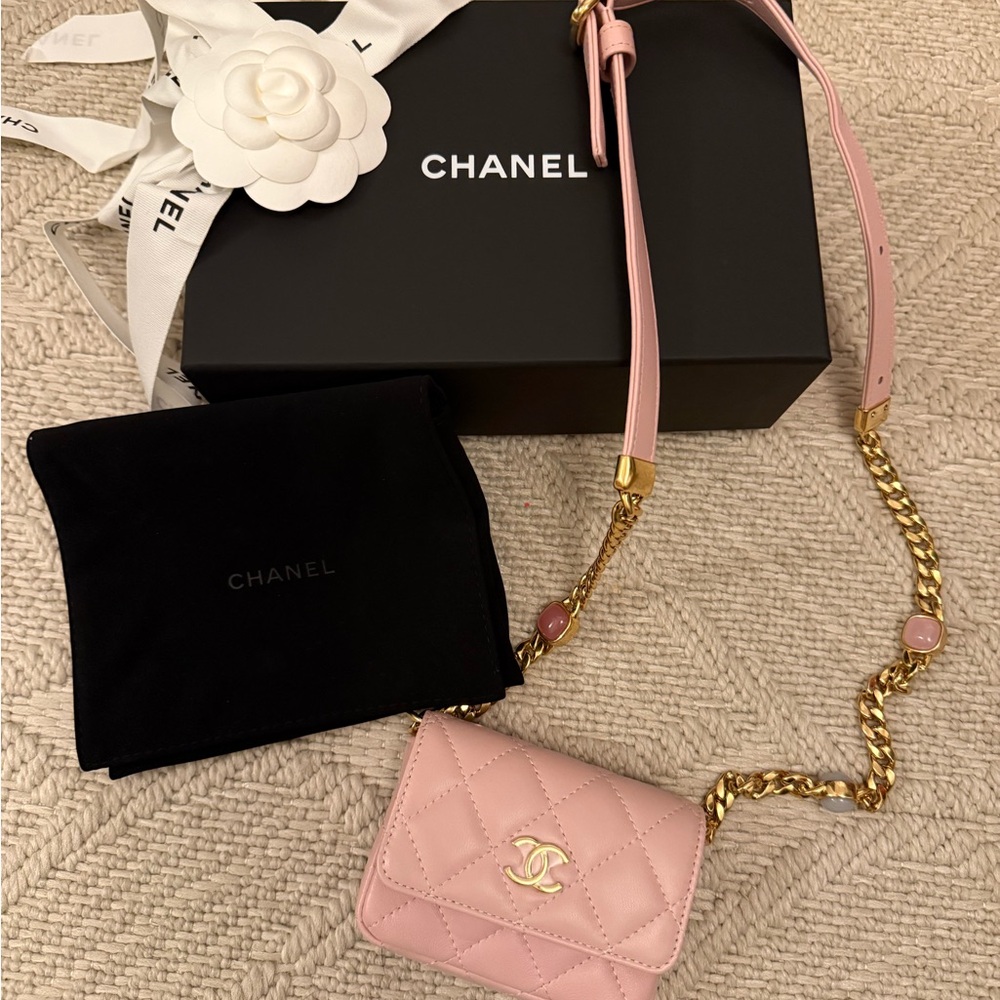 Chanel Pink Quilted Mini Bag belt with gold chain and stones
